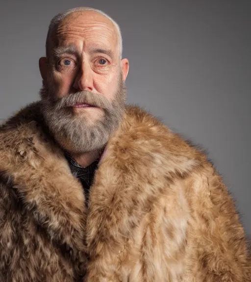 Image similar to detailed attractive characther portrait of jimmy faloon wearing oversized cow skin jacket and gold beard, realistic, wide angle, dramatic light 8 k