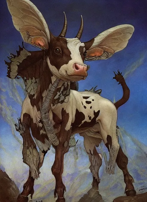 Prompt: fairy cow! by gerald brom, by mikhail vrubel, by peter elson, muted colors, extreme detail, trending on artstation, 8 k