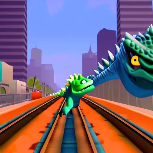 Image similar to small Godzilla running in Subway surfer, in-game shot, coherent like Dall-E 2