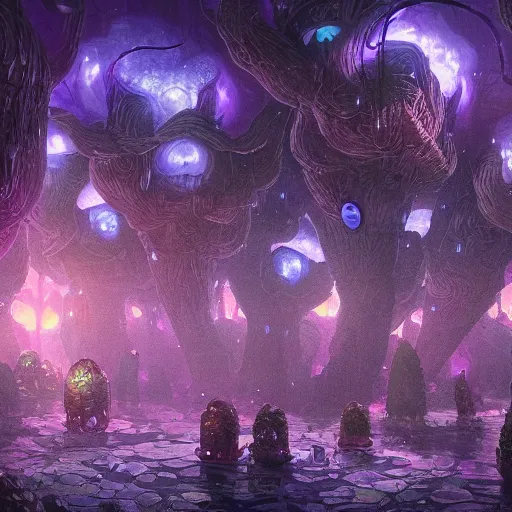 Image similar to concept art detailed painting of a dark purple fungal city made of mushrooms, with glowing blue lights, in the style of jordan grimmer and neil blevins and wayne barlowe