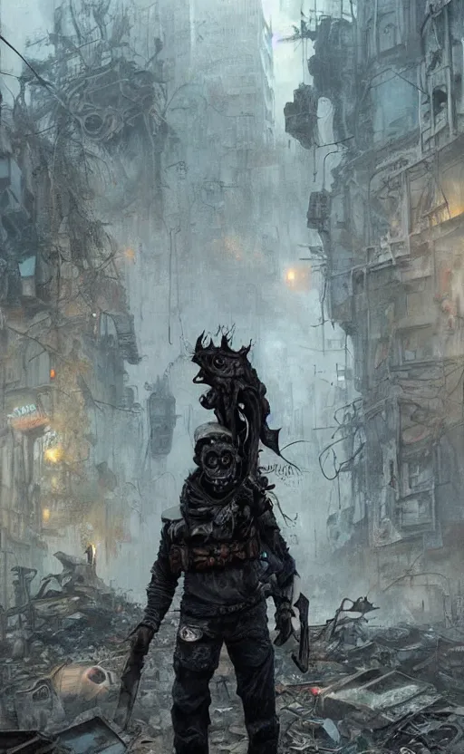 Image similar to A ghoul wearing raider gear stands in the middle of the street, ruined postapocalyptic city, science fiction, highly detailed, digital painting, artstation, concept art, illustration, art by Greg Rutkowski and alphonse mucha