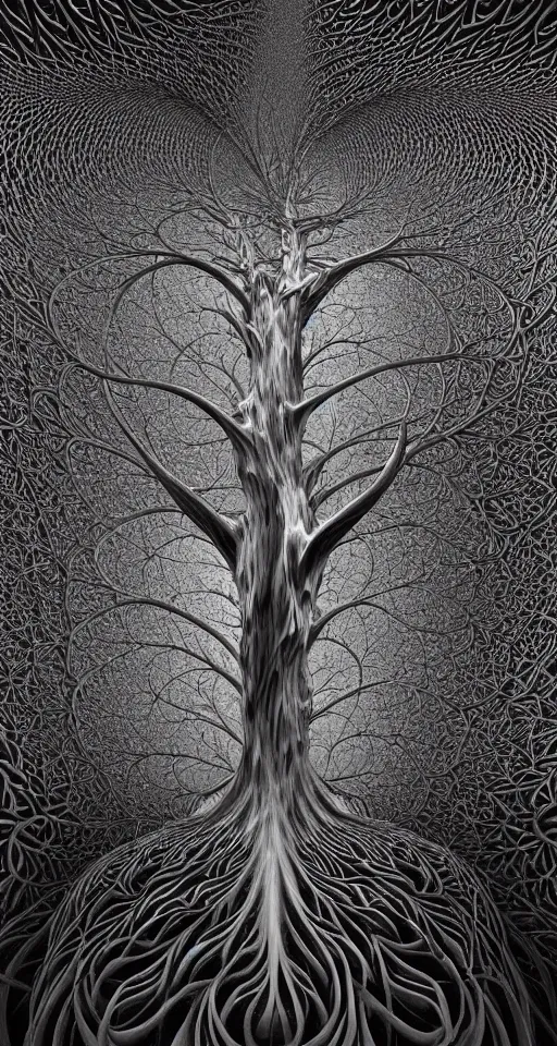 Image similar to 3d fractal wallpaper by Escher and zdzisław beksiński, magic tree!!!!!!!!!!!!!!!!!!!!!, dmt, tripy, psychedelic, mandelbulb 3d, digital art, high details, depth of field, hard lighting, trending on artstation, deviantart, octane render, HD, 8k, low light, black background