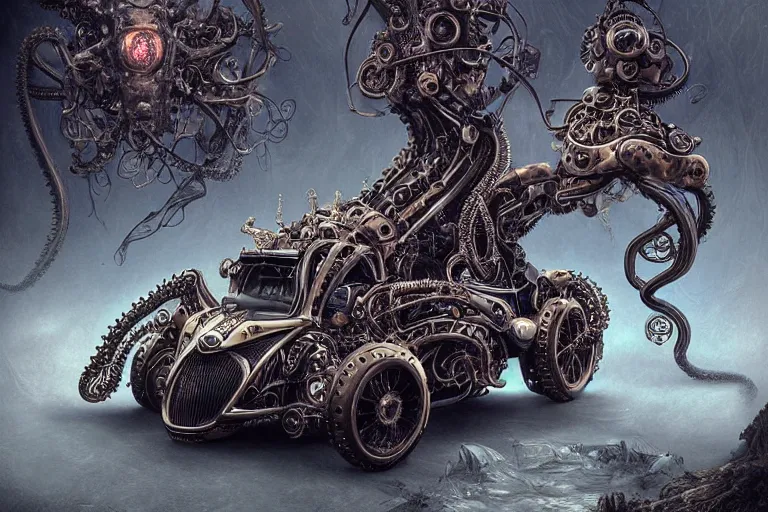 Image similar to biomechanical shiny steampunk vehicle reminiscent of bugatti chiron with (glowing) lights and octopus tentacles parked in ancient mystic woods, gothic and baroque, brutalist architecture, ultradetailed, creepy ambiance, fog, artgerm, giger, Intricate by Ellen Jewett and Josan Gonzalez and Giuseppe Arcimboldo