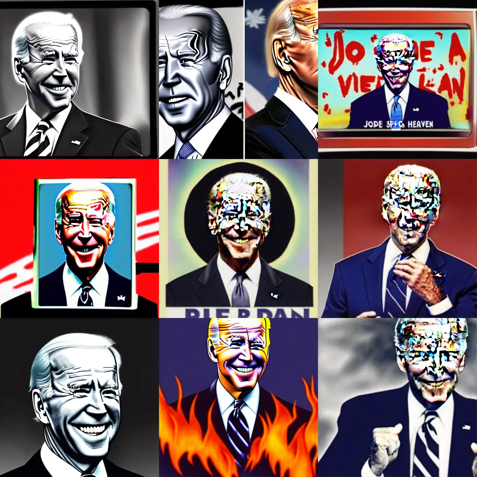 Prompt: joe biden in hell, found scribbled on a vcr monitor in heaven