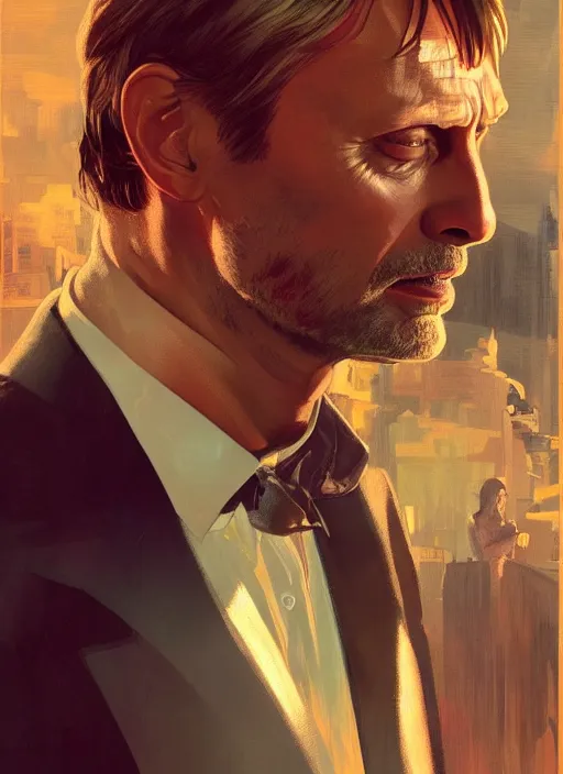 Image similar to portrait of mads mikkelsen as james bond, key art, palm trees, vintage aston martin, highly detailed, digital painting, artstation, concept art, cinematic lighting, sharp focus, illustration, by gaston bussiere alphonse mucha