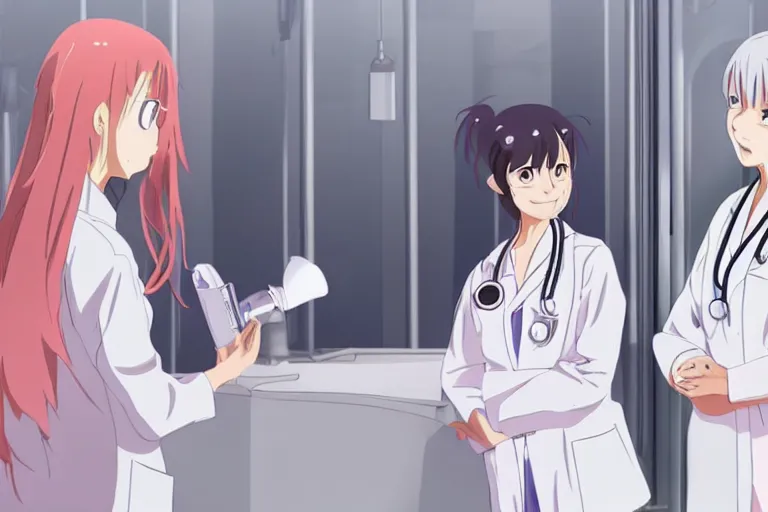 Image similar to a beautiful young female doctor wearing white coat are talking with a nurse wearing pink coat in a hospital ward, slice of life anime, anime scenery by Makoto shinkai