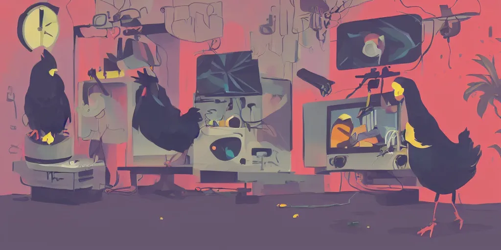 Image similar to 'black chicken!!!' smoking 'cannabis!!!!!!' in front of 'multi monitors!!!!!!' broadcasting studio, artwork by James Gilleard