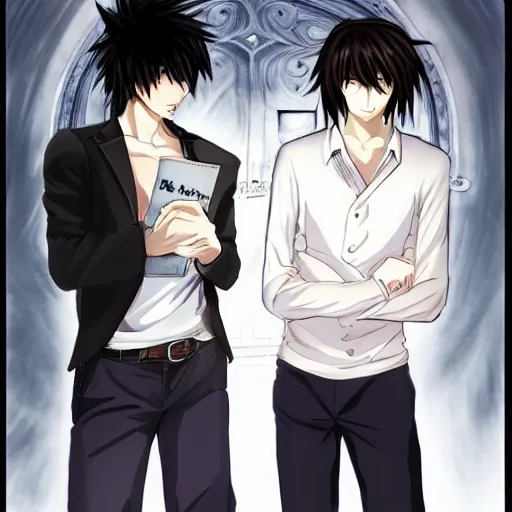 Image similar to Two handsome men,L·Lawliet and Light Yagami,Death Note, Makoto Shinkai