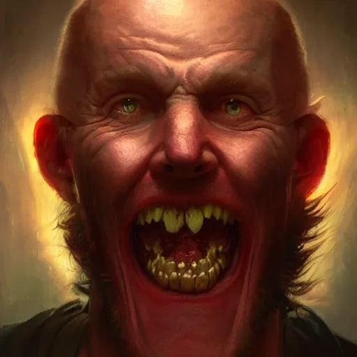 Prompt: portrait of a red bald man with black eyes and a black smile, horror, glowing eyes, by Stanley Artgerm Lau , greg rutkowski, thomas kindkade, alphonse mucha, loish, norman rockwell. Trending on artstation detailed illustration hd 4k