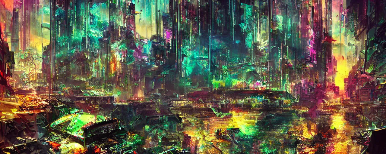 Prompt: dichroic ultra realistic illustration of beautiful ruination futuristic cyberpunk flooded kowloon, epic composition, accidental baroque golden ratio, by bill sienkiewicz. graffiti art, scifi, fantasy, hyper detailed. concept sketch. concept art. trending on artstation