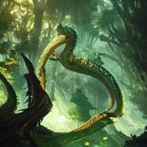 Image similar to A majestic emerald dragon guarding the sacred grove, its scales sparkling in the sparse sunlight, DnD digital concept art by Greg Rutkowski