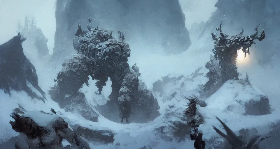 Image similar to snow giant, intricate, elegant, highly detailed, john park, frazetta, sparth, ruan jia, jeffrey catherine jones