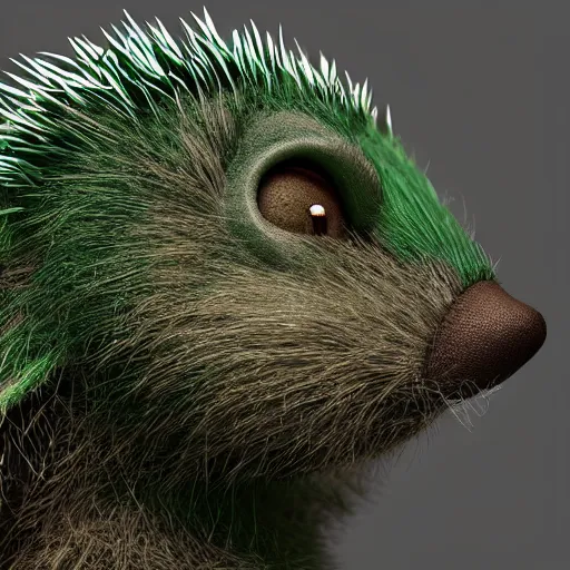 Prompt: frontal head head of green hedgehog, high definition, digital art, matte painting, very detailed, concept art, pixiv, deviantart, artstation, illustration, realistic, beeple, and intricate, 3 d cgi render