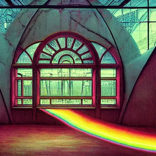 Prompt: 70s interior with arched windows, rainbow neon lighting, greenery, cyberpunk, hyper realistic, dramatic, fantasy, by Moebius, by zdzisław beksiński, Fantasy LUT, epic composition,