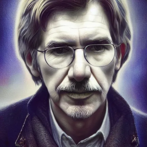 Image similar to hyperrealistic mixed media image of George Harrison Harrison Ford, stunning 3d render inspired art by István Sándorfi and Greg Rutkowski, perfect facial symmetry, realistic, highly detailed attributes and atmosphere, dim volumetric cinematic lighting, 8k octane extremely hyper-detailed render, post-processing, masterpiece,