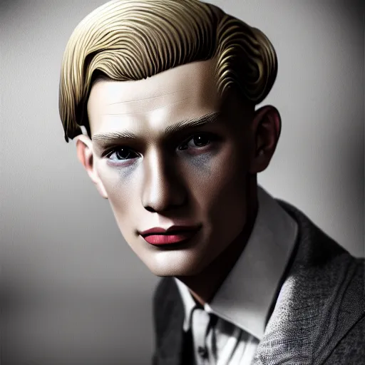 Image similar to A Hearts of Iron IV portrait of a blond young German actor with high cheekbones. Good bone structure. Dressed in 1940s style. Highly detailed, fine Art, high detail, great lighting, 8k resolution, masterpiece, concept art, illustration, clear eyes, painting oil on canvas, octane render, HDR, trending on artstation, 4k, 8k, HD