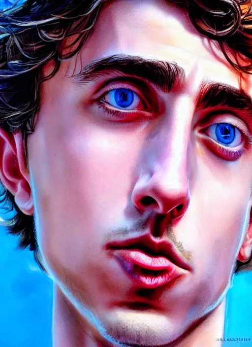 Prompt: hyperrealistic close-up TIMOTHEE CHALAMET with long BLONDE hair & blue eyes! highly detailed concept art eric zener elson peter cinematic hard blue lighting high angle hd 8k sharp shallow depth of field, inspired by David Paul Cronenberg and Zdzisław Beksiński