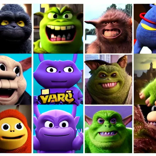 Image similar to ryan reynolds godzilla yoda donkey kong pikachu yeti shrek super mario homer groot waluigi darth vader mike wazowski, highly detailed, extremely high quality, hd, 4 k, 8 k, professional photographer, 4 0 mp, lifelike, top - rated, award winning, cinematic, realistic, detailed lighting, detailed shadows, sharp, no blur, edited, corrected, trending