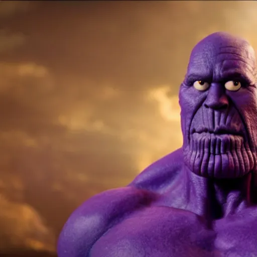 Image similar to thanos as a muppet. purple skin. highly detailed felt. hyper real photo. 4 k.