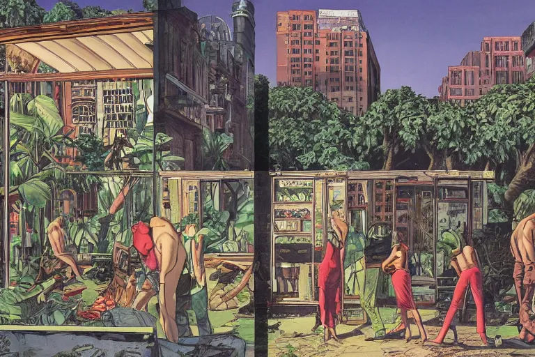 Prompt: full page comic book drawings of desolate city scenes on a hot summer evening, tropical color palette, by carel willink and gregory crewdson, comic book panels