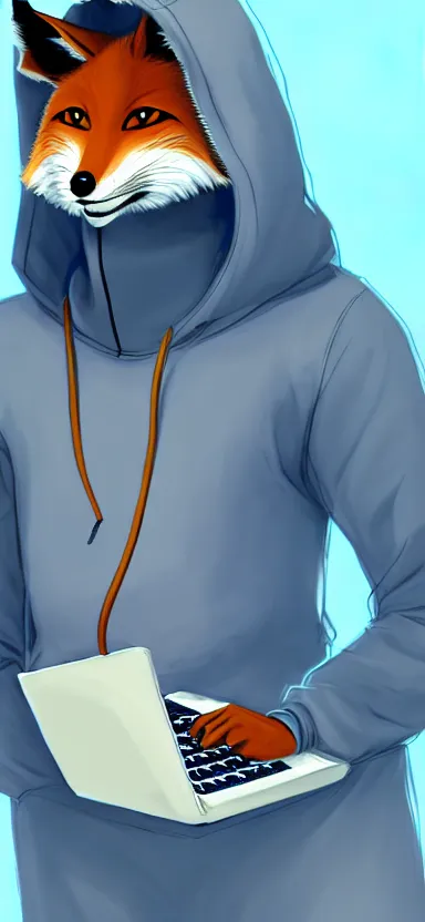Prompt: a concept art of anthropomorphic fox in a blue hoodie hacking a portable computer, artstation, digital art, oc commission, style by studio gainax