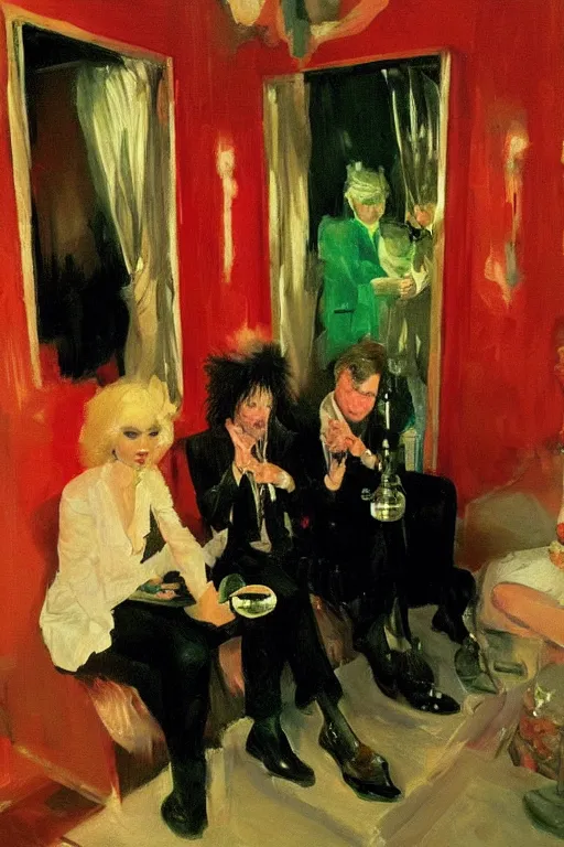 Prompt: glam rockers drinking wine, inside a tiny green room with red lights by joaquin sorolla, bill sienckiwicz, extremely detailed