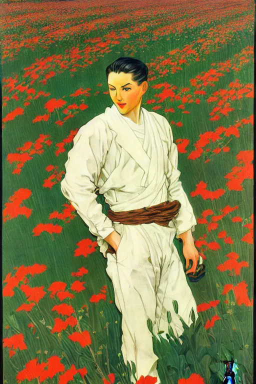 Image similar to attractive man in flower field, painting by j. c. leyendecker, yoji shinkawa, katayama bokuyo