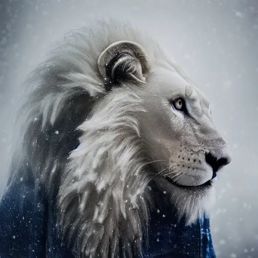 Image similar to an award winning National Geographic picture of a white lion wearing a denim Jacket in the snow by Lee Jeffries, 85mm ND 5, perfect lighting in a snow storm