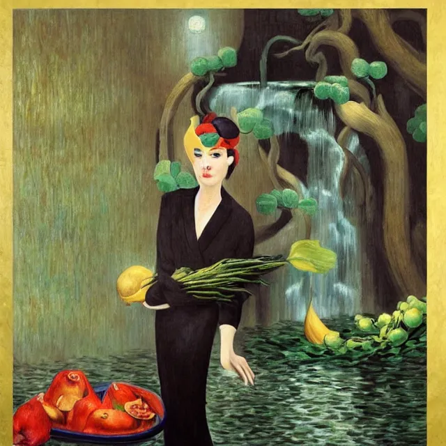 Prompt: tall female catgirl artist holding vegetables in her flooded kitchen, pomegranates, octopus, water gushing from ceiling, painting of flood waters inside an artist's apartment, a river flooding indoors, candles, ikebana, zen, rapids, waterfall, black swans, canoe, berries, acrylic on canvas, surrealist, by magritte and monet