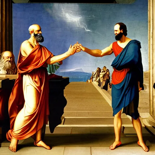 Image similar to Plato and Socrates high-fiving with explosions in the background, renaissance oil painting, detailed