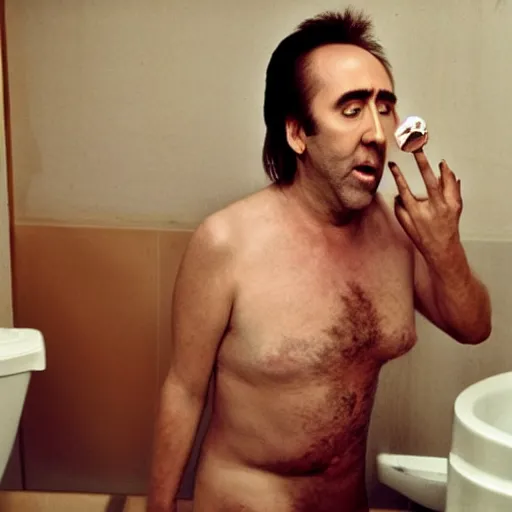 Image similar to nicolas cage doing coke on toilet seat