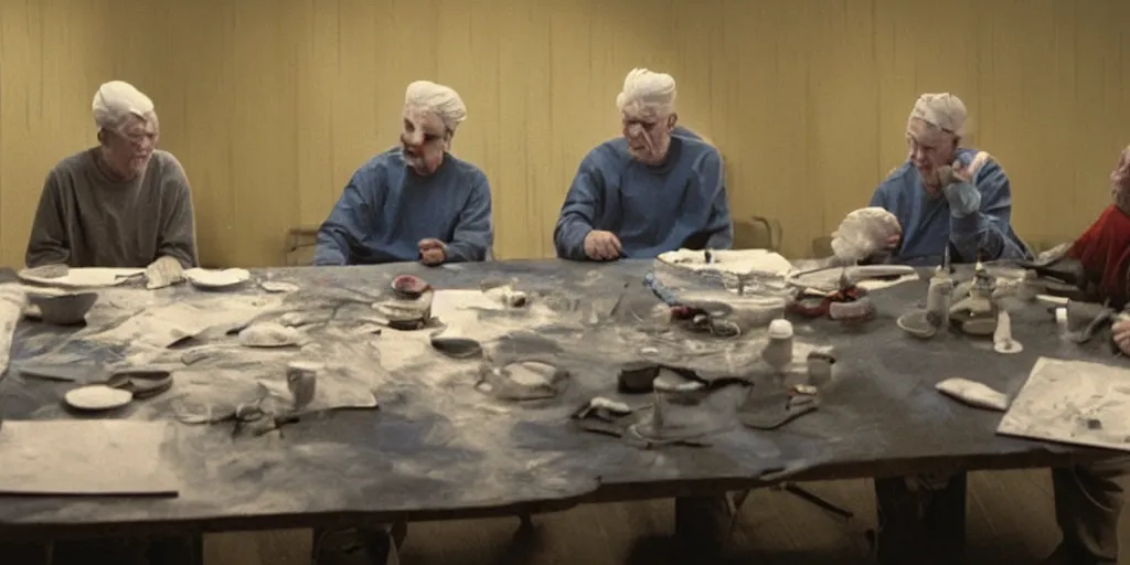 Prompt: film still of wrinkly old men wearing surgical masks sitting at a triangular table and finger painting, directed by david lynch, vibrant colours