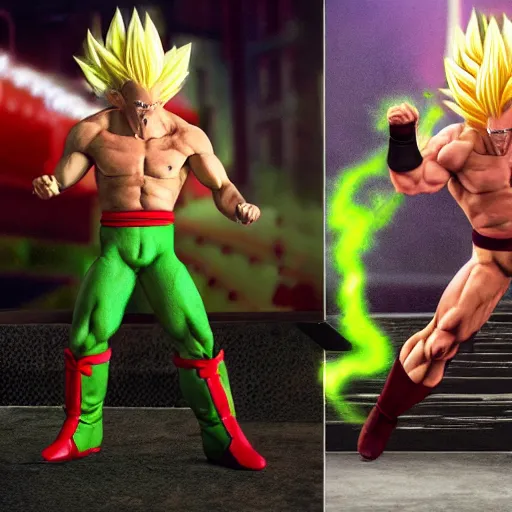 Image similar to Photo realistic live action Super Saiyan Frank Zappa vs Majin Nickacado Avacado WWE takedown ray traced 8K anti-aliased highly detailed cinematic render award winning photography