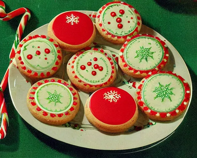 Prompt: 1970's cookbook color photograph of Christmas cookies sharp detail high detail