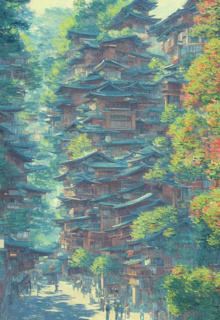 Prompt: a beautiful japanese city in the mountain, amazing ryokans and gorgeous edo era houses, fantastic non human character, epic cyberpunk, lofi vibe, colorful, vivide colors, amazing light, really beautiful nature, by jeremy lipkin, by claude monet, by makoto shinkai, kandinsky touches, inspired by ghibli, masterpiece, beautiful, multiple brush strokes, impressionist style