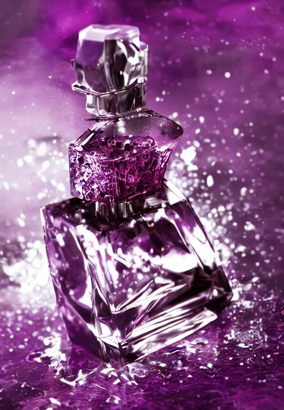 Image similar to close up shot of one premium perfume bottle containing purple liquid, the bottle is placed on a black table, the bottle is in the middle of the scene, purple dust in the background, dark cinematic lighting, spotlight, ultra detail, commercial, designer product, cinematic lighting, hd artstation, symmetrical, rendered, 4k