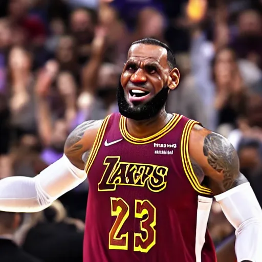 Image similar to professional close up shot photograph of lebron james dancing wildly in an nba game, wearing nba jersey, standing, clear image, as seen on getty images, smooth, uncompressed, low contrast