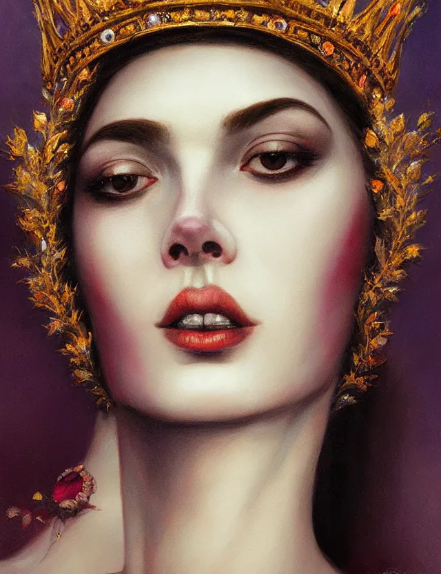 Image similar to blurred background. close-up portrait of a goddess in crown, by Afarin Sajedi and greg rutkowski