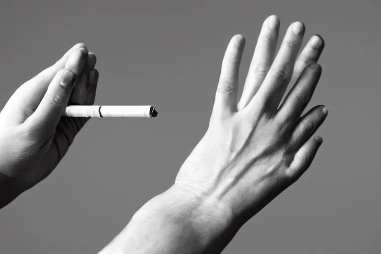 Prompt: cigarette in five fingers, thin soft hand holding cigarette, hyper realistic, natural