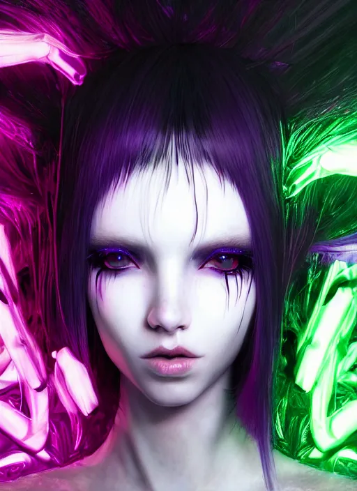 Image similar to hair whitebangs hair, black cyberlox, portrait of teenage girl with white bangs, whitebangsblackhair, messy bangs, cyberlox, whitebangs, red irises, purple clothes, intricate, elegant, glowing lights, highly detailed, digital painting, artstation, concept art, sharp focus, illustration, art by wlop, mars ravelo and greg rutkowski