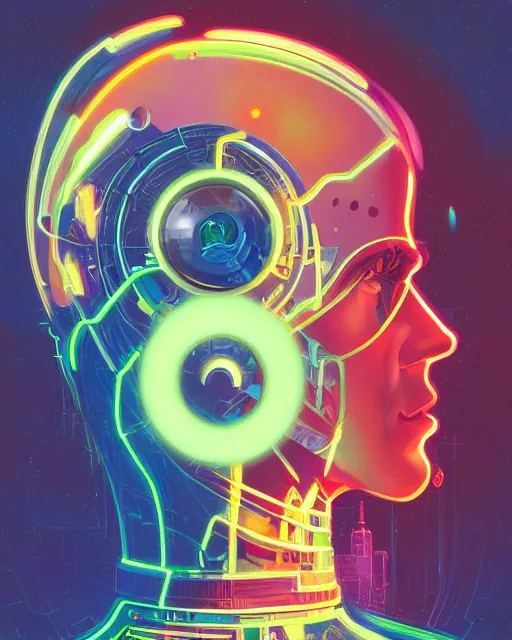 Prompt: side view future coder man, sleek cyclops display over eyes and glowing headset, neon accents, holographic colors, desaturated headshot portrait vector painting by john berkey, tom whalen, alex grey, alphonse mucha, donoto giancola, dean cornwall, rhads, astronaut cyberpunk electric lights profile