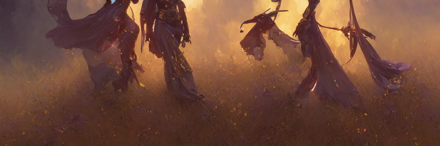 Image similar to cinematic portrait of dark purple smoke, golden light, shield and sword, mossy ground, highly detailed, digital painting, artstation, concept art, smooth, sharp focus, illustration, art by artgerm and greg rutkowski and alphonse mucha