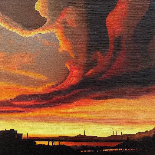 Image similar to “dramatic painting of industrial smokestacks piercing a layer of black clouds, with a background of red clouds lit by a sunset, in the style of the Hudson River school”