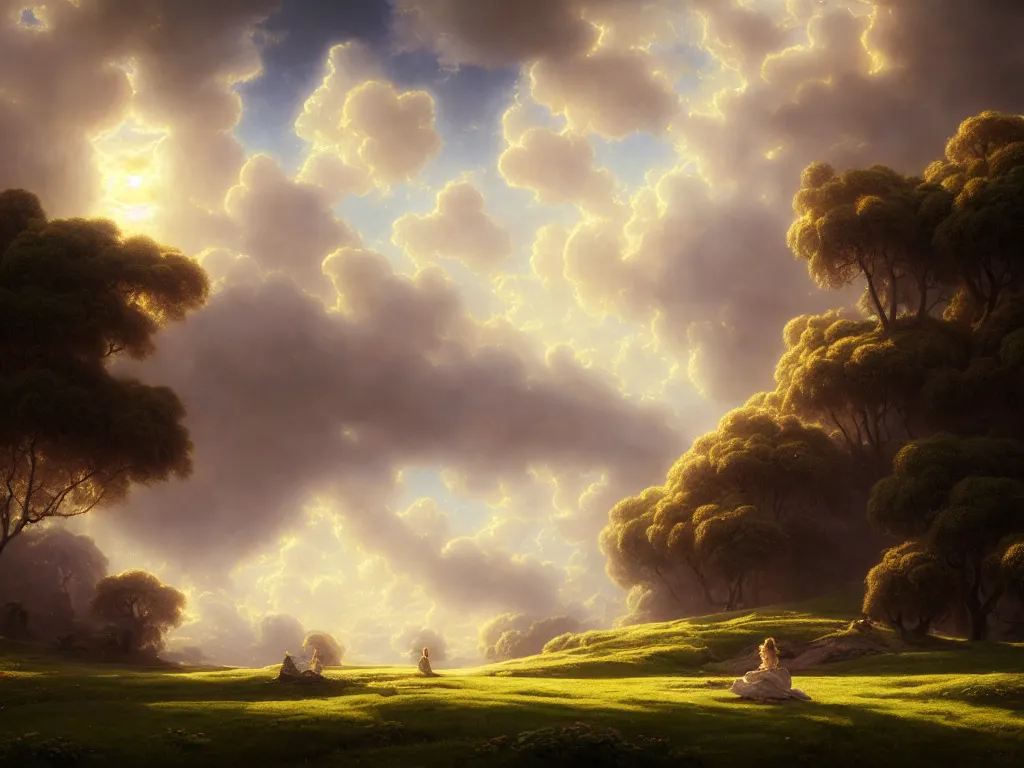Image similar to beautiful landscape, gorgeous victorian mansion, sunny sky with fluffy clouds, iredescent soft glow bloom effect, dream - like, baroque portrait painting, perfect composition, beautiful detailed, intricate detailed octane render, unreal engine 5, trending on artstation, 8 k, chiaroscuro, masterpiece, raphael, caravaggio, beksinski, ghibli