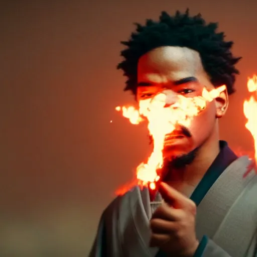 Image similar to cinematic film still of Chance The Rapper starring as a Samurai holding fire, Japanese CGI, VFX, 2022, 40mm lens, shallow depth of field, film photography