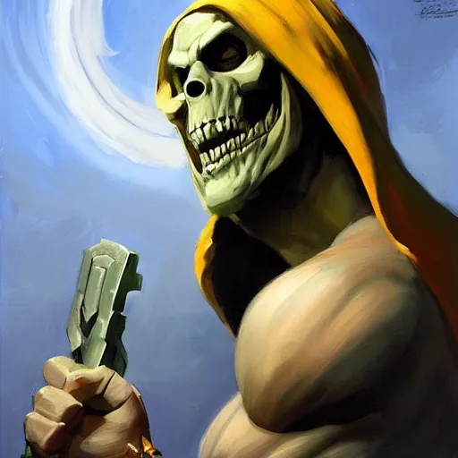 Image similar to greg manchess portrait painting of powerful skeletor the master of the universe as overwatch character, medium shot, asymmetrical, profile picture, organic painting, sunny day, matte painting, bold shapes, hard edges, street art, trending on artstation, by huang guangjian, gil elvgren, ruan jia, greg rutkowski, gaston bussiere