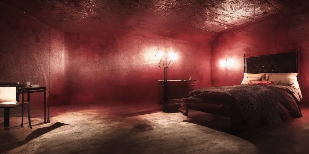 Image similar to night time, moody dark, dark red leather dungeon bedroom in the style of blade runner 2 0 4 9, canopy bed