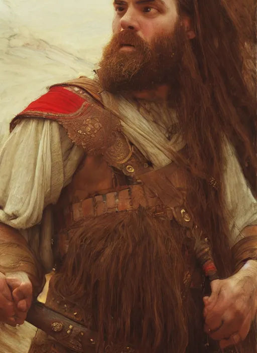 Image similar to gimli. orientalist portrait by john william waterhouse and james gurney and theodore ralli and nasreddine dinet, oil on canvas. cinematic, hyper realism, realistic proportions, dramatic lighting, high detail 4 k