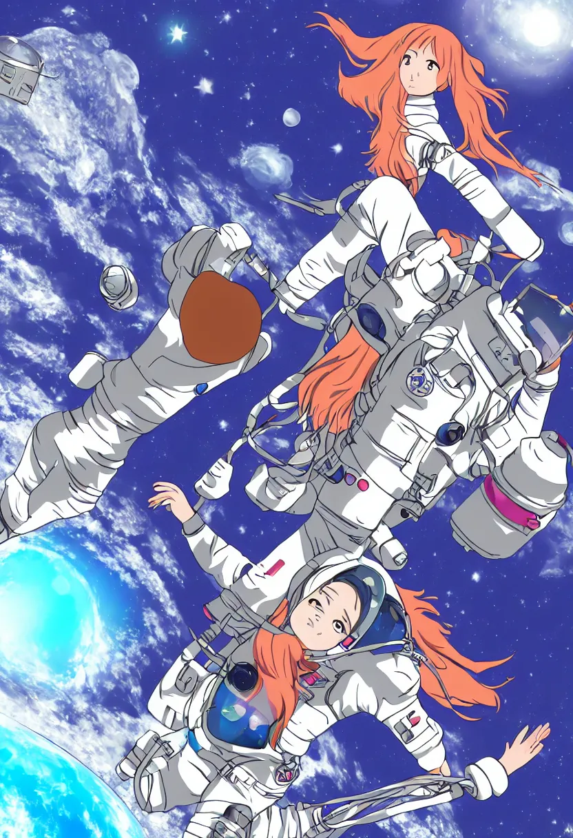 Prompt: An astronaut girl floating in the cosmo outside the space station, anime style, trending on Pixiv