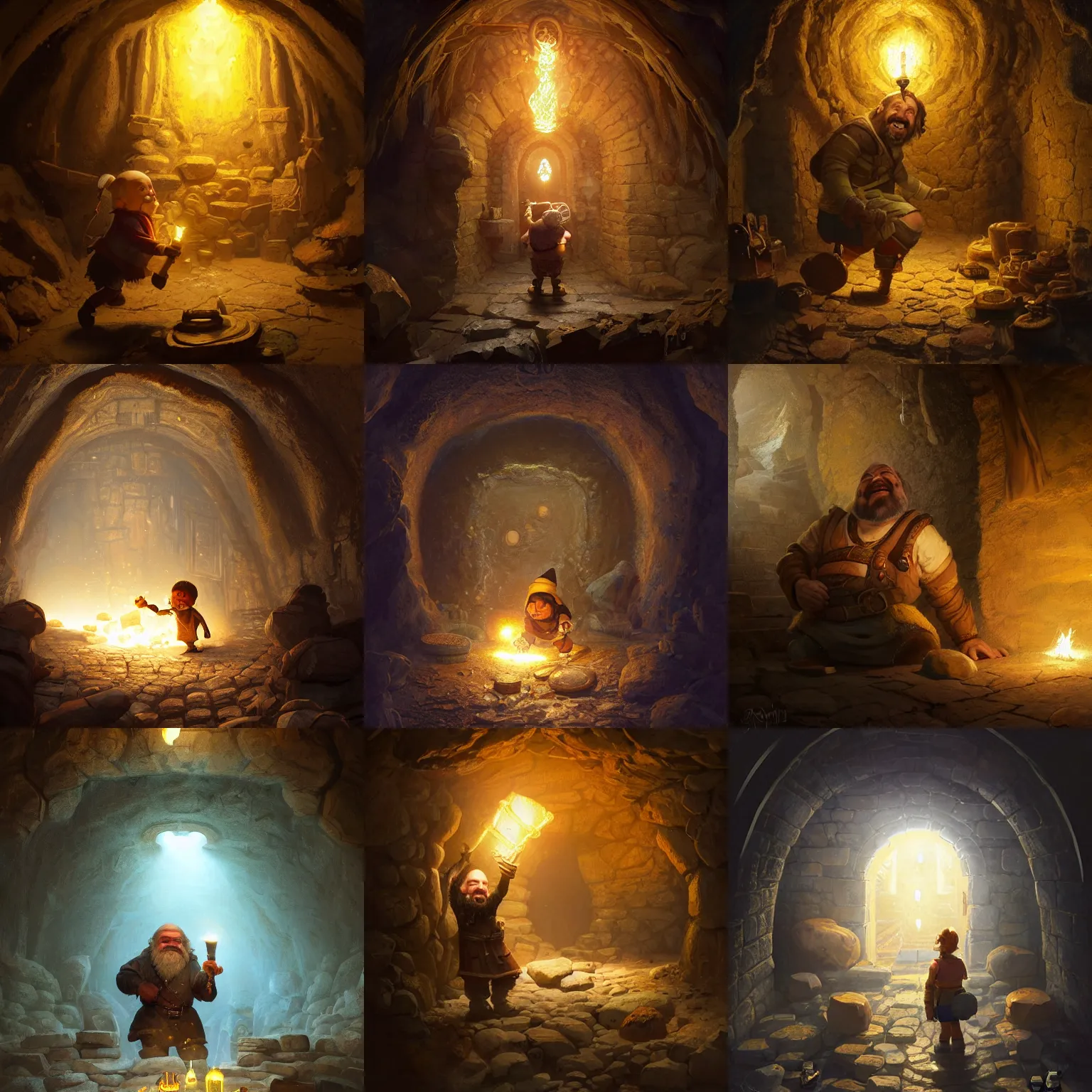 Prompt: A portrait of a happy dwarf looking at the giant gold nugget, torches on the wall, highly detailed, digital painting, concept art by Greg Rutkowski, moody lighting, light coming from tunnel entrance, intricate details, ray tracing